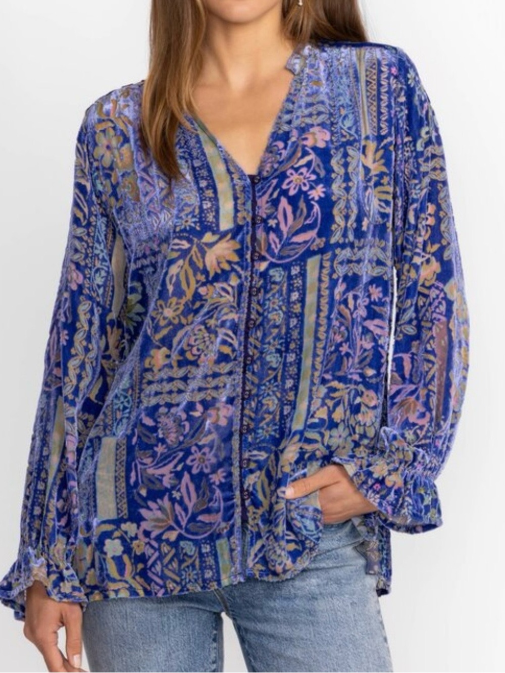Johnny Was Blue Multi Floral Velvet Burnout Blouse